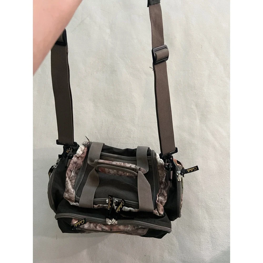 Cabelas Fishing Tackle Bag Camo Black Canvas Shoulder Strap Multi Pocket Storage